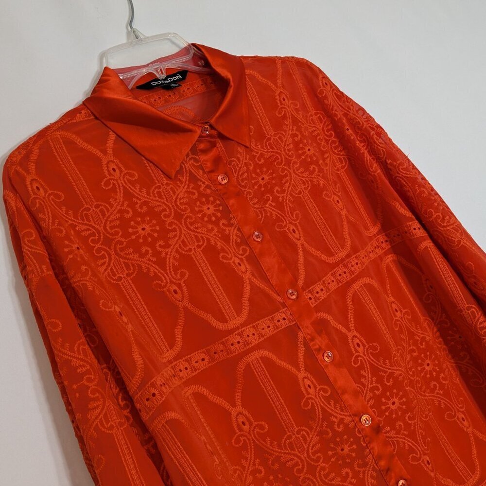DAVI & DANI Orange Embroidered Chiffon/Satin Long Sleeve Button Blouse; Size 1XL